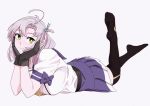  :3 antenna_hair black_gloves black_legwear full_body gloves green_eyes grey_background grey_hair hair_tie hands_on_own_face kantai_collection kinugasa_(kantai_collection) looking_at_viewer lying neckerchief necktie ojipon on_stomach pleated_skirt purple_sailor_collar purple_skirt remodel_(kantai_collection) sailor_collar school_uniform serafuku side_ponytail simple_background skirt smile solo thighhighs yellow_neckwear 