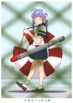  alternate_costume blue_hair blue_sailor_collar blue_skirt blurry brown_footwear chain-link_fence depth_of_field fence full_body hair_ribbon i-19_(kantai_collection) innertube kantai_collection kitsuneno_denpachi loafers long_hair looking_at_viewer pleated_skirt red_eyes ribbon sailor_collar school_uniform serafuku shoes skirt socks solo star star-shaped_pupils symbol-shaped_pupils torpedo tri_tails twintails white_legwear 
