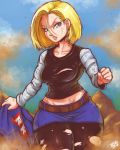  android_18 belt black_legwear blonde_hair blue_eyes blue_skirt breasts clenched_hand denim denim_skirt dirty_face dragon_ball dragon_ball_z earrings groin hair_between_eyes highres jacket jacket_removed jewelry lips looking_at_viewer medium_breasts midriff miniskirt pantyhose randomboobguy red_ribbon_army serious short_hair skirt solo thick_thighs thighs torn_clothes torn_legwear undressing wide_hips you_gonna_get_raped 