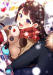  :d black_gloves blue_eyes blurry blurry_background blush brown_hair coat gloves hat highres holding holding_stuffed_animal long_hair looking_at_viewer open_mouth original plaid plaid_scarf ponita red_hat red_scarf scarf smile solo stuffed_animal stuffed_toy 