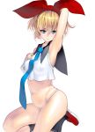  arm_up armpits blonde_hair blue_eyes breasts crop_top hair_ribbon highres kneeling looking_at_viewer masao necktie no_pants original panties ribbon short_hair small_breasts smile solo underwear white_background white_panties 