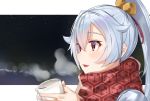  bangs blush breath closed_eyes coffee coffee_mug commentary_request cup fate/grand_order fate_(series) from_side grey_hair hair_between_eyes hair_ornament high_ponytail highres holding holding_cup long_hair looking_away mug night outdoors outside_border parted_lips pom_pom_(clothes) ponytail red_eyes red_scarf scarf shiny shiny_hair smile solo steam tapioka_(oekakitapioka) tomoe_gozen_(fate/grand_order) upper_body 