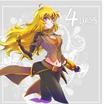  ahoge belt blonde_hair breasts brown_jacket buckle cleavage commentary highres iesupa jacket large_breasts long_hair midriff orange_scarf prosthesis prosthetic_arm purple_eyes rwby scarf solo wavy_hair yang_xiao_long 