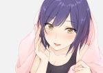  bangs bare_shoulders blanket breasts cleavage collarbone eyebrows_visible_through_hair fingernails long_fingernails medium_breasts nijisanji parted_lips purple_hair shizuka_rin short_hair simple_background solo tank_top teti under_covers upper_body upper_teeth virtua_fighter white_background 
