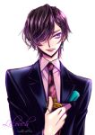  bangs bellomi918 black_hair black_jacket character_name code_geass earrings formal holding jacket jewelry lelouch_lamperouge looking_at_viewer male_focus necktie parted_bangs pink_shirt purple_eyes shirt short_hair simple_background solo upper_body white_background 