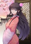  54989 absurdres architecture blue_eyes braid brown_hair chinese_clothes east_asian_architecture flower hanfu highres long_hair looking_at_viewer mulberry_song smile solo 