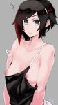  1girl ? areolae bare_shoulders black_hair breasts casual erect_nipples grey_eyes highres kuroino_(0kuro8ino6) leaning_forward looking_at_viewer multicolored_hair no_bra pajamas red_hair ruby_rose rwby short_hair small_breasts smile solo strap_slip tank_top two-tone_hair upper_body 