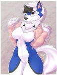  amber_eyes anthro black_nose blue_fur breasts casual_nudity clothing dusk_lycanroc exposed_breasts eyewear featureless_breasts featureless_crotch female fur glasses lycanroc mammal markings nintendo pink_sweater pok&eacute;mon pok&eacute;mon_(species) skye_primis skylosminkan solo twitter_hoodie video_games white_fur 