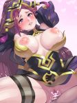  1girl bar_censor bare_shoulders belt blush boris_(noborhys) braid breasts breasts_outside censored cleavage clothed_sex commentary_request cowgirl_position cum cum_in_pussy dress earrings feather_trim fire_emblem fire_emblem_heroes girl_on_top hat hetero highres jewelry large_breasts lips loki_(fire_emblem_heroes) long_hair looking_at_viewer nipples overflow parted_lips penis pubic_hair purple_eyes purple_hair pussy sex spread_legs straddling thigh_strap vaginal 