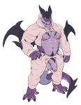  abs anthro balls big_muscles big_penis claws clothed clothing dragon flaccid grin hi_res high-angle_view horn humanoid_penis invalid_tag jacketbear looking_at_viewer male meme muscular muscular_male navel nipples pants partially_clothed partially_retracted_foreskin pecs penis purple_skin simple_background smile solo standing tattoo teeth twitter_hoodie uncut vein white_background wings yellow_eyes 
