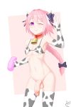  1boy ;) animal_print astolfo_(fate) bell bikini braid cow_bell cow_print elbow_gloves fate/grand_order fate_(series) gloves large_penis one_eye_closed penis pink_hair purple_eyes smile solo swimsuit testicles thighhighs trap uncensored 