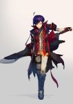  blue_eyes boots bracelet closed_mouth gloves god_eater golimao highres jewelry male_focus purple_hair short_hair signature solo strap sword torn_clothes weapon weapon_on_back 