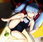  absurdres barefoot blue_hair brown_eyes commentary_request feet highres knee_to_chest knee_up leg_hug leg_up legs long_hair lying mayafufu on_back one-piece_swimsuit original ribbon school_swimsuit smile solo spread_legs swimsuit toes twintails v 