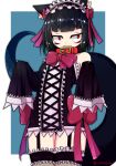  animal_ears bangs bare_shoulders black_hair blue_background blunt_bangs cat_ears cat_tail collar commentary_request garter_straps mikagura original red_eyes sleeves_past_fingers sleeves_past_wrists solo standing tail thick_eyebrows thighhighs twitter_username wavy_mouth 