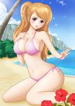  beach bikini blush breasts brown_eyes brown_hair charlotte_pudding cleavage cliff collarbone commentary_request day eyelashes flower hair_over_one_eye highres himumu_(cyah7528) kneeling large_breasts lipstick long_hair looking_at_viewer makeup navel ocean one_piece palm_tree pink_bikini pink_lipstick side-tie_bikini solo sparkle swimsuit tree untying 