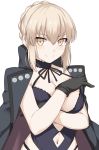  artoria_pendragon_(all) bangs black_coat black_gloves black_ribbon black_swimsuit blonde_hair blush breasts casual_one-piece_swimsuit cleavage closed_mouth coat fate/grand_order fate_(series) gloves hair_between_eyes halterneck jacket_on_shoulders looking_at_viewer medium_breasts navel navel_cutout one-piece_swimsuit open_clothes open_coat ribbon saber_alter shiseki_hirame short_hair simple_background smile solo strap_lift swimsuit upper_body white_background yellow_eyes 