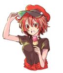  :d ae-3803 arm_up black_shirt cropped_torso food hagiri003 hair_between_eyes hat hataraku_saibou holding holding_food ice_cream looking_at_viewer open_mouth red_eyes red_hair red_hat shirt short_hair short_sleeves simple_background sketch smile solo white_background 