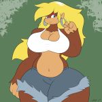  ape big_breasts blonde_hair breasts clothing coco ear_piercing ear_ring female fingers_through_hair hair huge_breasts jewelry long_hair mac-daddy_(artist) makeup mammal piercing primate shirt shorts smile solo tank_top 