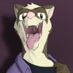  2019 anthro brown_eyes clothed clothing common_ferret digital_media_(artwork) fur gaping_mouth imminent_vore looking_at_viewer male male_pred mammal misfortunate-rai mouth_shot mustelid open_mouth purple_background simple_background smile solo teeth tongue tongue_out vore whiskers 