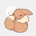  blush brown closed_eyes commentary ears_down eevee gen_1_pokemon grey_background holding_own_tail lovewolf5122 no_humans pokemon pokemon_(creature) simple_background sleeping smile solo tail tail_hug 