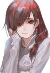  artist_name brown_hair chin_rest commentary earrings hair_over_one_eye highres jewelry long_hair looking_at_viewer luen_kulo original red_eyes signature simple_background smile solo sweater turtleneck turtleneck_sweater upper_body white_background 