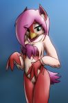  2018 anthro avian beak bird bottomless breasts clothed clothing female lily_(lilybird) lilybird meme navel open_beak open_mouth solo twitter_hoodie 