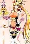  1girl :3 animal_ears blonde_hair blush bow breasts bunny_ears cygames dragalia_lost elbow_gloves elisanne erect_nipples fake_bunny_ears garter_straps gloves halloween jack_o&#039;_lantern lance leotard night night_sky nintendo orange_leotard polearm ponytail pumpkin purple_eyes sky thighhighs thighs weapon white_elbow_gloves white_gloves white_thighhighs 