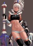 artist_name bangs bare_shoulders black_choker black_gloves black_legwear blue_eyes boots breasts choker collarbone commentary crop_top elbow_gloves fkey fur_trim gloves grey_background grey_panties hairband hand_up highres holding holding_weapon horn jewelry kirin_(armor) looking_to_the_side medium_breasts midriff monster_hunter monster_hunter:_world navel necklace orange_hairband panties panty_pull ponytail pulled_by_self sidelocks signature silver_hair simple_background sketch solo stomach symbol_commentary thighhighs thighs underwear weapon 