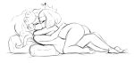  ass bare_arms bare_legs barefoot bed blush breast_press breasts closed_eyes crown fluffernubber greyscale happy_sex headphones heart hime_(splatoon) iida_(splatoon) inkling kiss monochrome multiple_girls nintendo nude octoling pillow sex short_hair sideboob sketch splatoon_(series) splatoon_2 tentacle_hair thick_thighs thighs wide_hips yuri 