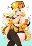  1girl bikini black_legwear blonde_hair blue_eyes breasts eyebrows_visible_through_hair fingerless_gloves gloves guilty_gear hat highres lips long_sleeves medium_breasts millia_rage nail_polish parted_lips queen_ashi sitting solo swimsuit thighhighs undressing white_gloves 