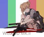  bangs black_gloves blonde_hair braid breasts character_name closed_mouth corset dual_wielding eyebrows_visible_through_hair french_braid girls_frontline gloves green_eyes grey_shirt grey_skirt gun handgun holding holding_gun holding_weapon holster jacket jacket_removed looking_at_viewer medium_breasts midriff miniskirt necktie ningen_(ningen96) panties pantyshot pantyshot_(sitting) pistol shirt short_hair sidelocks sitting skirt solo striped striped_skirt striped_vest thigh_holster thigh_strap thighs twintails underwear vest weapon welrod_mk2 welrod_mk2_(girls_frontline) white_panties 