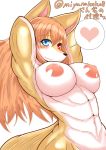  &lt;3 abs absurd_res anthro areola blue_eyes blush breasts brown_fur brown_hair canine female fluffy fluffy_tail fur hair heterochromia hi_res japanese_text looking_at_viewer mammal megane_inu muscular navel nipples nude pose red_eyes simple_background solo speech_bubble text white_background white_fur 