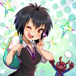  ;d angry backpack bag black_hair blush brown_eyes collared_shirt dress_shirt looking_at_viewer one_eye_closed open_mouth peni_parker rangsiwut_sangwatsharakul shirt short_hair short_sleeves smile sparkle spider-ham spider-man:_into_the_spider-verse spider-man_(series) sweater_vest v white_shirt 