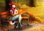  anthro bench blue_eyes boots brown_nose canine clothed clothing day detailed_background dog female footwear hair holding_object kammi-lu kseniya_(kennyfox) leaves mammal outside pants red_ears red_hair red_tail scarf sitting smile solo two_tone_tail white_tail 
