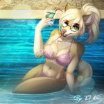  2017 anthro beverage big_breasts bikini blonde_hair breasts brown_body brown_fur canine cleavage clothed clothing digital_media_(artwork) ei-ka eyewear female fully_clothed fur glasses green_eyes hair hi_res holding_glass holding_object mammal midriff multicolored_body multicolored_fur navel one_eye_closed open_mouth open_smile partially_submerged pink_bottomwear pink_topwear rin_wolf smile solo swimming_pool swimsuit tan_body tan_fur watermark wink wolf 