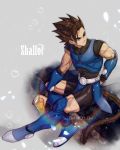  armor artist_name belt boots brown_hair character_name dragon_ball dragon_ball_legends drink grey_background highres monkey_tail pointy_hair shallot_(dragon_ball) signature sitting solo tail tarutobi 