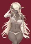  arm_up bare_shoulders blonde_hair blush bra breasts cleavage collarbone commentary_request dark_elf dark_skin earrings elbow_gloves elf gloves hair_over_one_eye jewelry lace lace-trimmed_bra lace-trimmed_panties large_breasts lips long_hair looking_at_viewer navel panties parted_lips po_ni pointy_ears purple_eyes red_background sekaiju_no_meikyuu simple_background sitting solo underwear underwear_only very_long_hair warlock_(sekaiju) white_bra white_gloves white_hair white_panties 