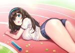  ass bangs black_hair blue_buruma blue_eyes blush breasts buruma commentary_request confetti d: gym_uniform hair_between_eyes hairband hhama hips idolmaster idolmaster_cinderella_girls large_breasts long_hair looking_at_viewer looking_back lying on_stomach open_mouth relay_baton sagisawa_fumika shirt short_sleeves solo thighs track track_and_field white_shirt 