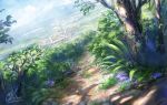  cloud commentary dappled_sunlight dutch_angle fantasy flower forest mountain nature no_humans original path road scenery shiki_makoto signature sky summer sunlight tree 