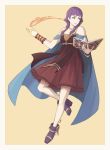  bare_shoulders book cape dress fire_emblem fire_emblem:_seima_no_kouseki holding iktk jewelry long_hair lute_(fire_emblem) purple_eyes purple_hair simple_background smile solo twintails 