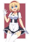  :d alice_margatroid alternate_costume apron bangs black_skirt blonde_hair blue_eyes blush border breasts collarbone commentary_request corset cross-laced_clothes enushi_(toho193) eyebrows_visible_through_hair feet_out_of_frame frilled_apron frills gloves hair_between_eyes hairband hand_up head_tilt highres looking_at_viewer medium_breasts open_mouth outside_border puffy_short_sleeves puffy_sleeves red_background red_hairband shirt short_hair short_sleeves simple_background skirt smile solo thighhighs thighs touhou waist_apron white_apron white_border white_gloves white_legwear white_shirt zettai_ryouiki 