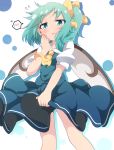  aqua_eyes ascot blue_dress blush commentary_request daiyousei do_(4-rt) dress dress_tug eyebrows_visible_through_hair fairy_wings green_hair hair_ribbon highres long_hair looking_at_viewer open_mouth puffy_short_sleeves puffy_sleeves ribbon short_sleeves side_ponytail simple_background solo spoken_blush touhou white_background wings yellow_neckwear yellow_ribbon 
