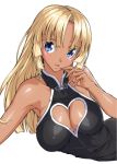  1girl adjusting_clothes angela_carat bare_shoulders blonde_hair blue_eyes breasts cleavage cleavage_cutout dark_skin female large_breasts long_hair looking_at_viewer lying open_mouth ozaneko shiny shiny_skin simple_background smile solo tag_force white_background yu-gi-oh! yuu-gi-ou_tag_force 