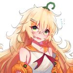  :d bangs bare_shoulders blonde_hair blush cardigan collarbone commentary eyebrows_visible_through_hair flying_sweatdrops girls_frontline green_eyes hair_between_eyes hair_ornament hairclip head_tilt highres long_hair long_sleeves looking_at_viewer meow_nyang off_shoulder open_mouth orange_cardigan orange_sailor_collar puffy_long_sleeves puffy_sleeves red_neckwear s.a.t.8_(girls_frontline) sailor_collar school_uniform serafuku shirt simple_background sleeveless sleeveless_shirt sleeves_past_wrists smile solo white_background white_shirt 