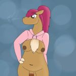  anthro balls breasts camelid chest_tuft clothing cloven_hooves crocodilianbooty deep_navel dickgirl exhaling female flaccid fur hair half-closed_eyes hoodie hooves intersex makeup mammal navel nipples nude penis ponytail simple_background skylor_(crocodilianbooty) slightly_chubby solo tuft twitter_hoodie vicuna wool 