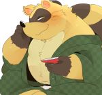  2017 anthro belly blush canine clothing green_eyes humanoid_hands hyaku1063 male mammal navel overweight overweight_male robe sengoku_puzzle simple_background sitting solo tanuki tokugawa_ieyasu white_background 