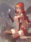  bangs bare_shoulders between_legs bone breasts bug butterfly capelet cleavage closed_mouth commentary_request dragon_girl fang_necklace glowing_butterfly grey_eyes hand_between_legs highres hood hood_up insect long_hair looking_at_viewer medium_breasts monster_hunter monster_hunter:_world navel personification red_capelet red_hood scales sitting smile solo tattered_cape vaal_hazak very_long_hair xuan_(pixiv31113827) 