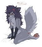  4_toes angry anthro black_nose blush breasts embarrassed enfield female fur grey_fur hioshiru hioshiru_(character) kneeling nipples nude pawpads simple_background solo toes white_background 