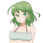  bare_shoulders breasts cato_(monocatienus) collarbone commentary_request eyebrows_visible_through_hair frown green_eyes green_hair large_breasts looking_at_viewer medium_hair simple_background soga_no_tojiko solo touhou upper_body v-shaped_eyebrows white_background 