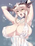 armpits arms_up artoria_pendragon_(all) artoria_pendragon_(lancer_alter) babydoll blonde_hair braid breasts commentary_request fate/grand_order fate_(series) french_braid highres huge_breasts jewelry lingerie looking_at_viewer necklace open_mouth royal_icing sidelocks tongue tongue_out underwear upper_body wakura_(gcdan) yellow_eyes 